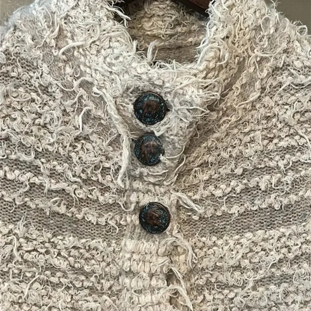 Free People Shaggy Knit Sweater Coat Ivory Gray Stripe Button Front Size XS